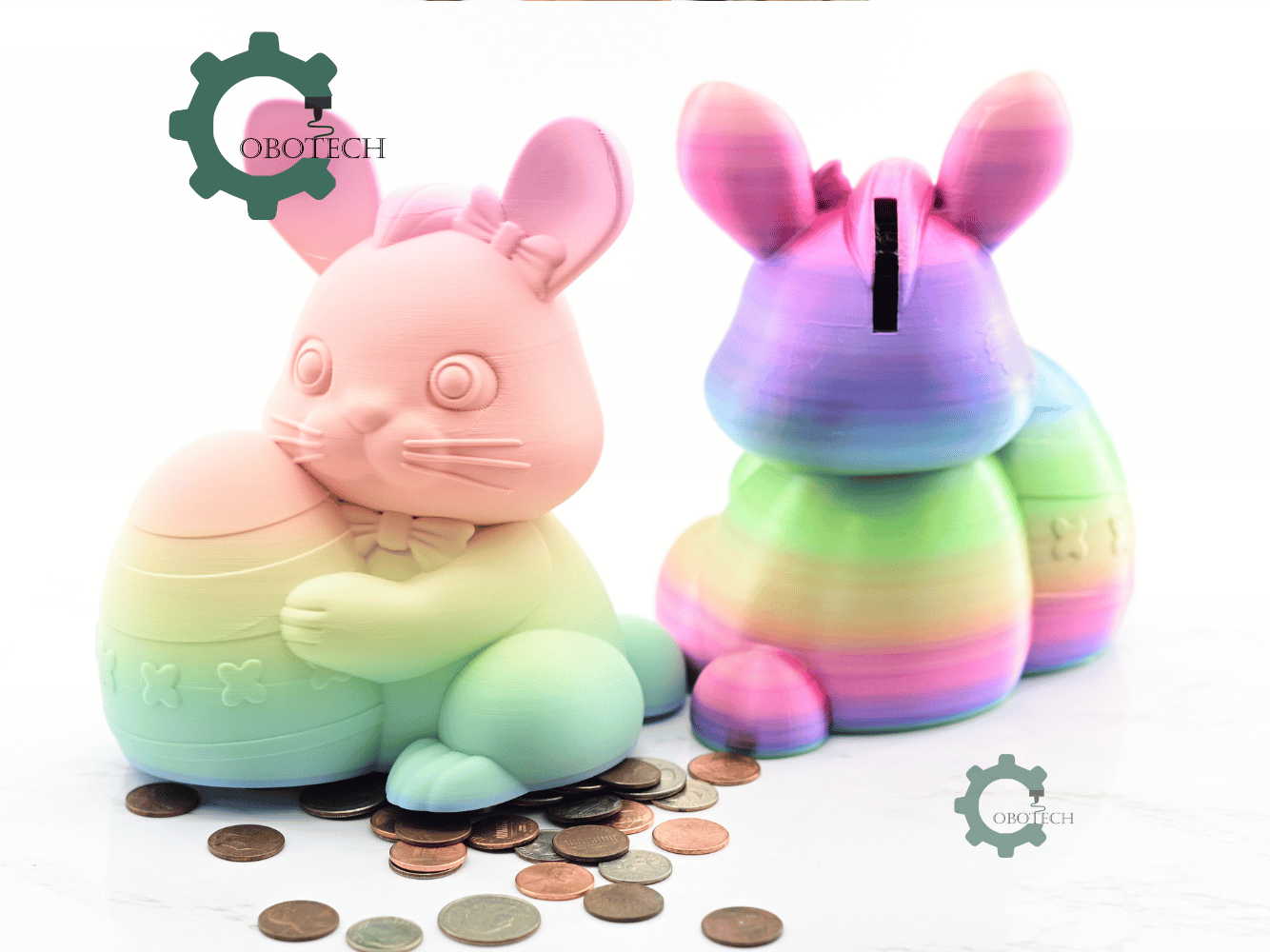 Digital Downloads - Cobotech Cute Bunny Holding Easter Egg Piggy Bank - Desk Decor - Coin Bank Gifts