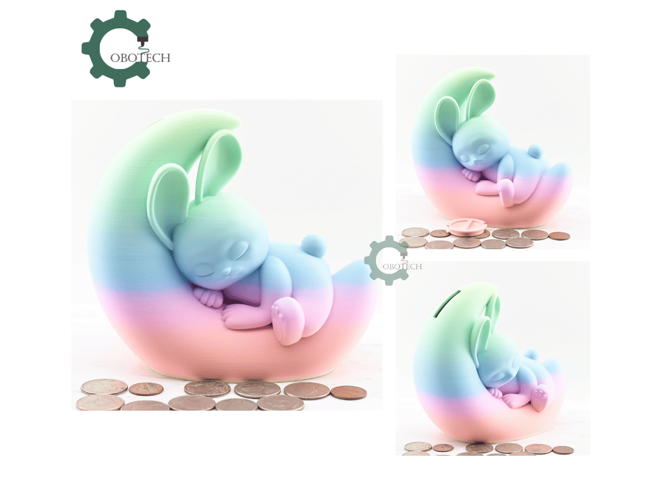 Digital Downloads - Cobotech Dreamy Bunny On Crescent Moon Piggy Bank - Desk Decor - Coin Bank Gifts
