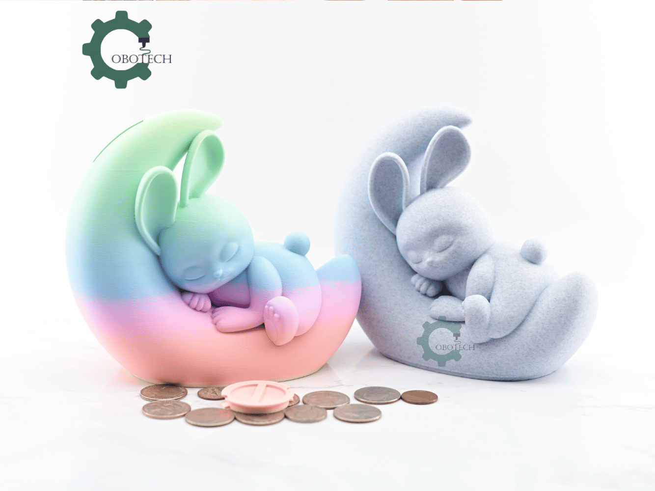 Digital Downloads - Cobotech Dreamy Bunny On Crescent Moon Piggy Bank - Desk Decor - Coin Bank Gifts
