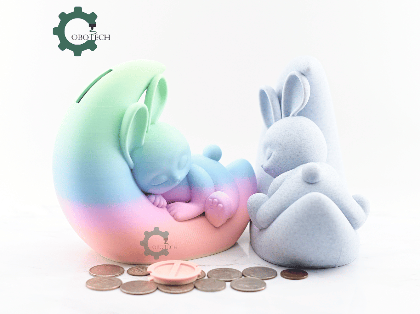 Digital Downloads - Cobotech Dreamy Bunny On Crescent Moon Piggy Bank - Desk Decor - Coin Bank Gifts