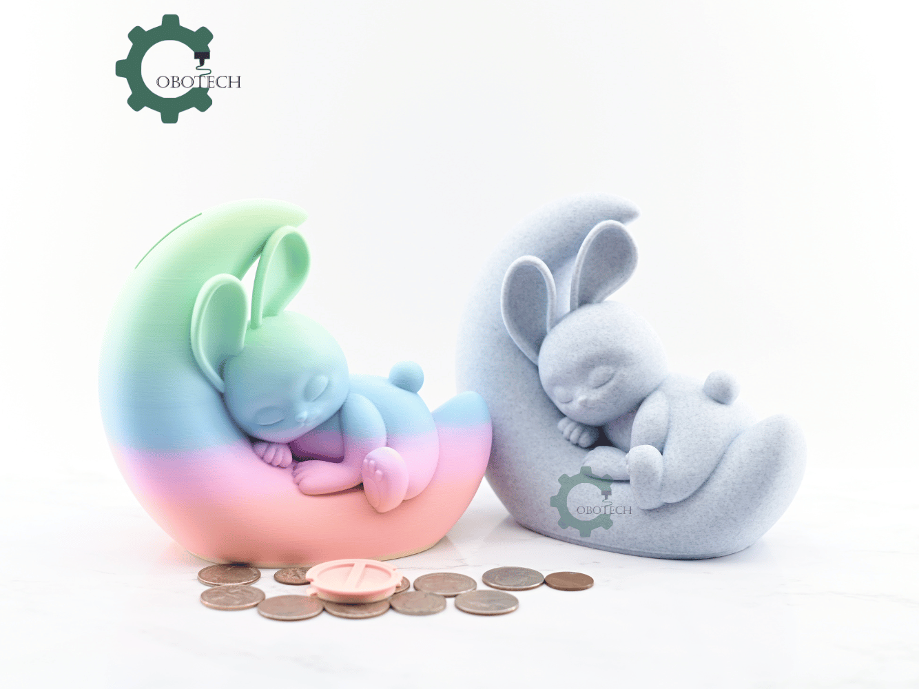 Digital Downloads - Cobotech Dreamy Bunny On Crescent Moon Piggy Bank - Desk Decor - Coin Bank Gifts