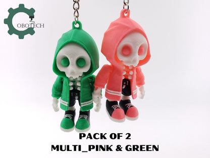 PACK OF 2 - Cobotech 3D Print Articulated HoodieBones Keychain, Articulated Skeleton Keychain, Halloween Decor, Cool Gift