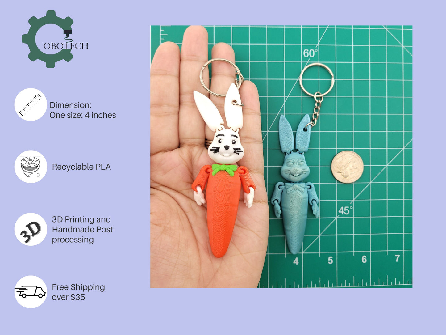 3D Print Articulated Carrot Bunny Keychain by Cobotech, Articulated Toys, Easter Decorations, Unique Gift