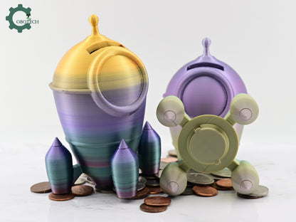 3D Printed Rocket Piggy Bank by Cobotech - Space Themed Piggy Bank - Unique Kids Room Decor - Fun Coin Bank Gift Idea