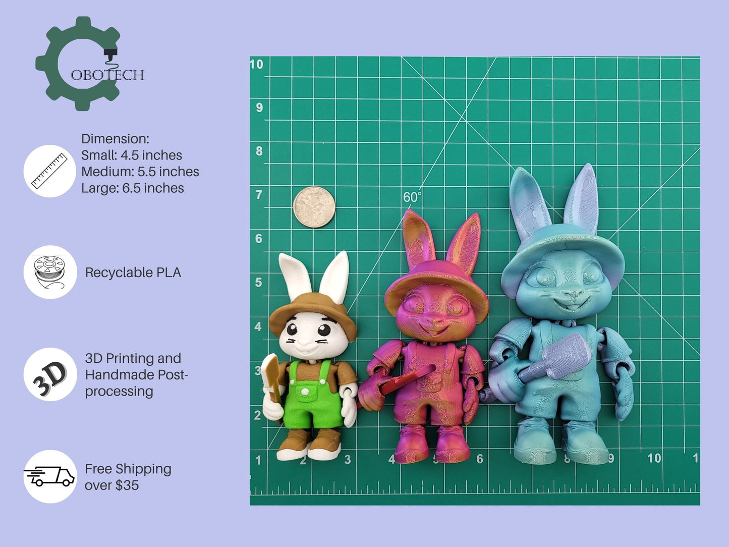 3D Print Articulated Bunny Farmer by Cobotech, Articulated Toys, Desk Decor, Easter Cool Gifts