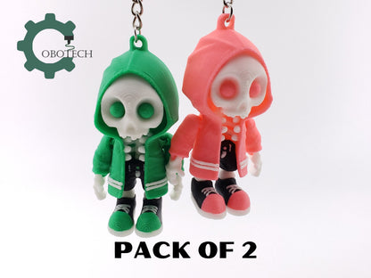 PACK OF 2 - Cobotech 3D Print Articulated HoodieBones Keychain, Articulated Skeleton Keychain, Halloween Decor, Cool Gift