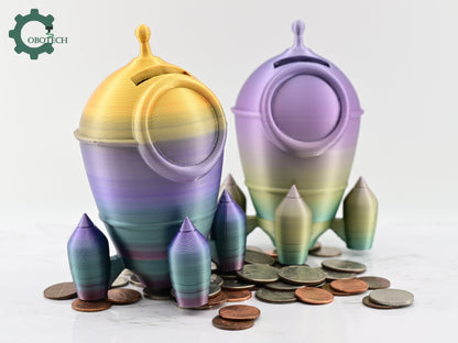 3D Printed Rocket Piggy Bank by Cobotech - Space Themed Piggy Bank - Unique Kids Room Decor - Fun Coin Bank Gift Idea