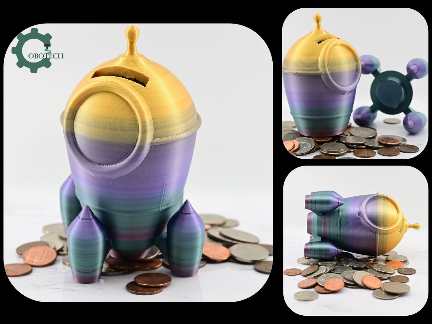 3D Printed Rocket Piggy Bank by Cobotech - Space Themed Piggy Bank - Unique Kids Room Decor - Fun Coin Bank Gift Idea