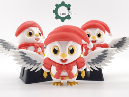 3D Print Articulated Santa Snow Owl Ornament by Cobotech, Christmas Gift, Holiday Decoration, Unique Holiday Gift