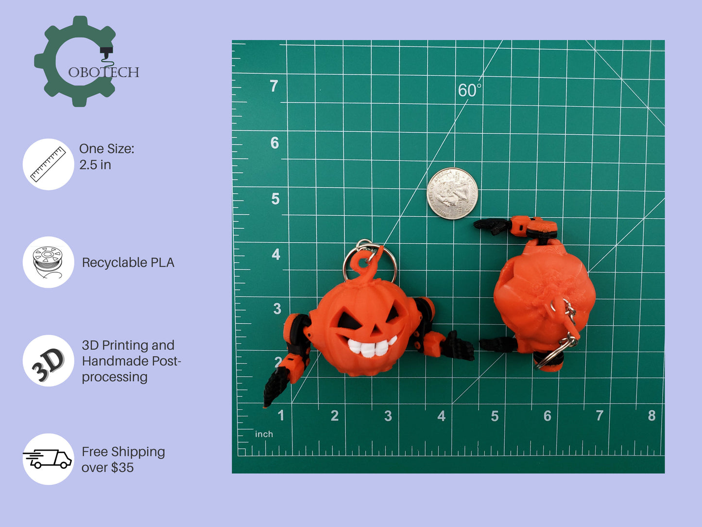 Halloween Pumpkin Robot Keychain, 3D Print Articulated Robo-Pumpkin Keychain by Cobotech, Articulated Toys, Halloween Decor, Cool Gift