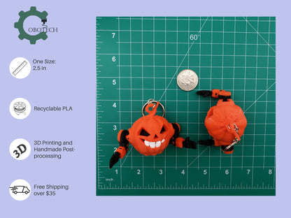 Halloween Pumpkin Robot Keychain, 3D Print Articulated Robo-Pumpkin Keychain by Cobotech, Articulated Toys, Halloween Decor, Cool Gift