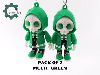 PACK OF 2 - Cobotech 3D Print Articulated HoodieBones Keychain, Articulated Skeleton Keychain, Halloween Decor, Cool Gift