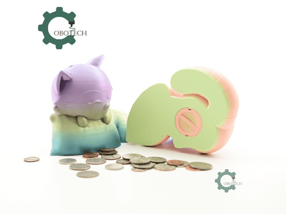 Digital Downloads - Cobotech Sleepy Raccoon On Pillow Piggy Bank - Desk Decor - Coin Bank Gifts