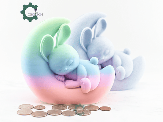 Digital Downloads - Cobotech Dreamy Bunny On Crescent Moon Piggy Bank - Desk Decor - Coin Bank Gifts