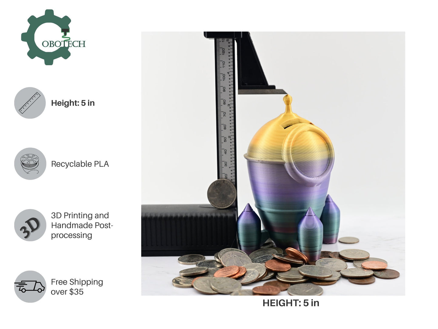 3D Printed Rocket Piggy Bank by Cobotech - Space Themed Piggy Bank - Unique Kids Room Decor - Fun Coin Bank Gift Idea