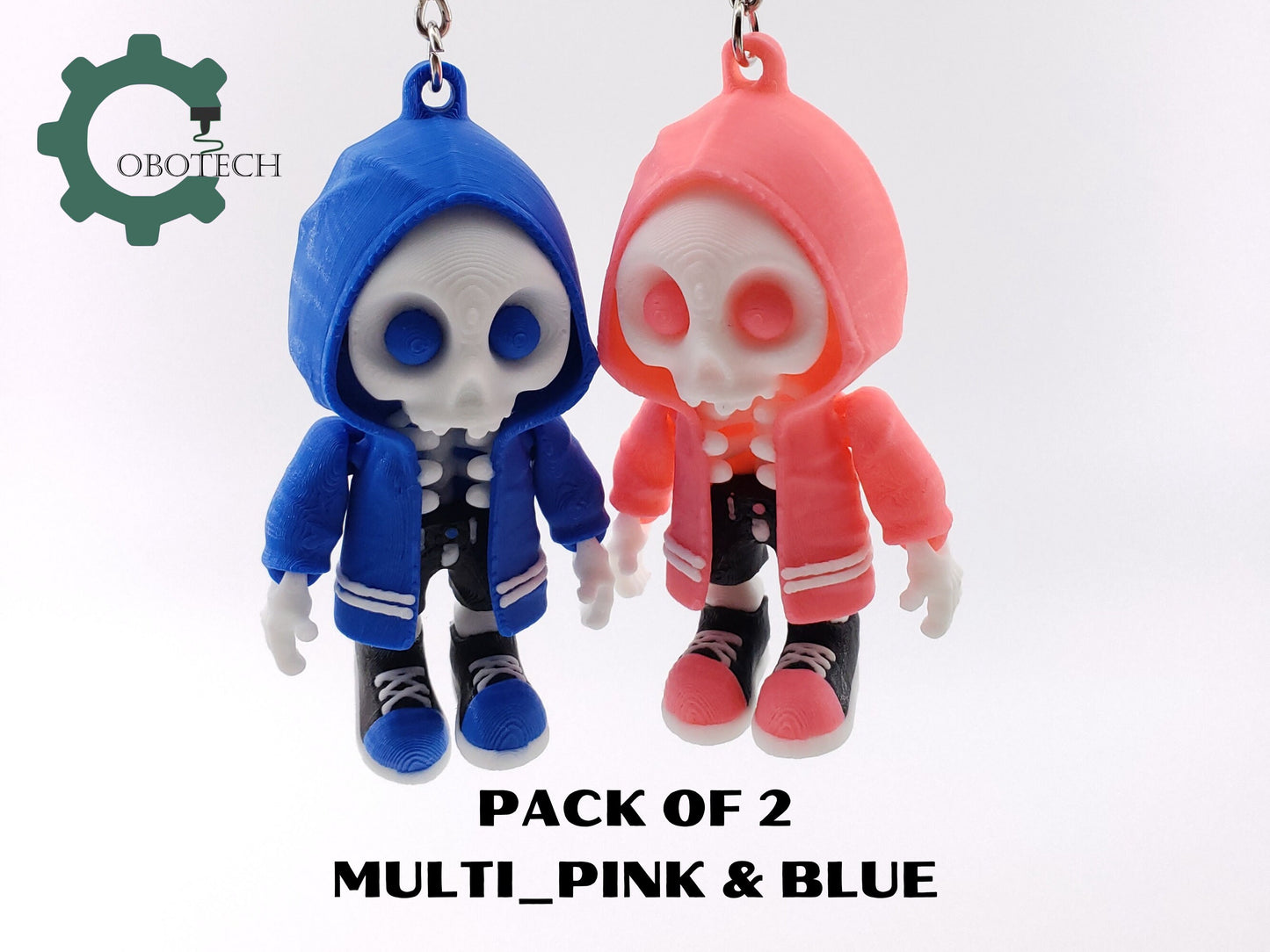 PACK OF 2 - Cobotech 3D Print Articulated HoodieBones Keychain, Articulated Skeleton Keychain, Halloween Decor, Cool Gift