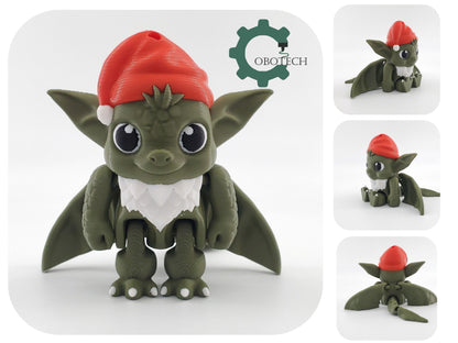 3D Print Articulated Baby Santa Dragon by Cobotech, Christmas Gift, Birthday Gift, Desk Decor, Unique Holiday Gift