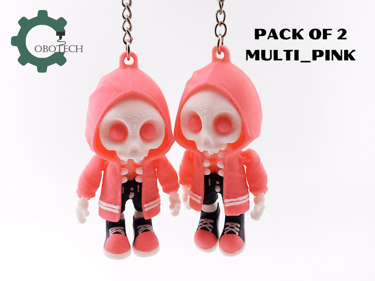 PACK OF 2 - Cobotech 3D Print Articulated HoodieBones Keychain, Articulated Skeleton Keychain, Halloween Decor, Cool Gift