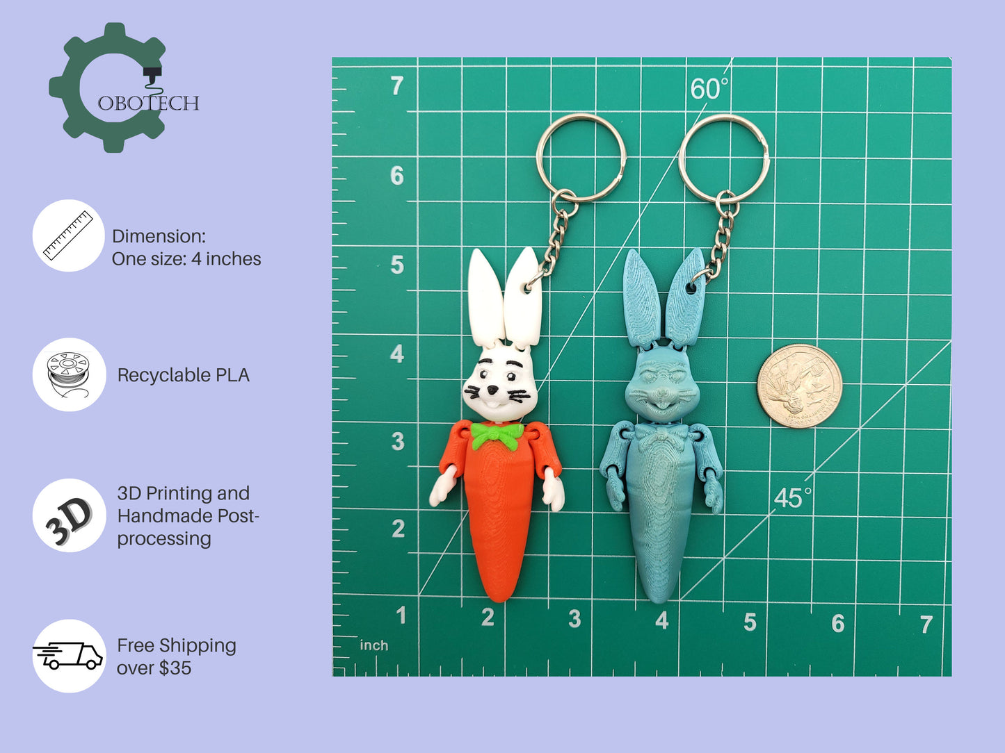 3D Print Articulated Carrot Bunny Keychain by Cobotech, Articulated Toys, Easter Decorations, Unique Gift