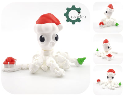 3D Print Articulated Santa Octopus Ornament by Cobotech, Articulated Toys, Desk Decor, Christmas Ornament, Unique Holiday Gift