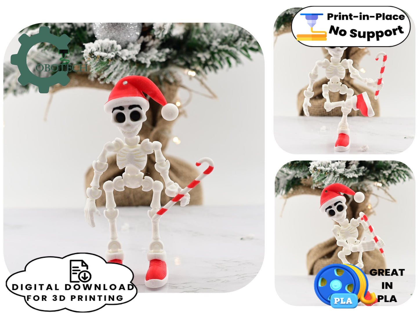 Digital Downloads Cobotech Posable Candy Cane Skeleton Santa Ornament - Unique Christmas Ornaments - Christmas Decor - Cute Skeleton Santa Ornaments