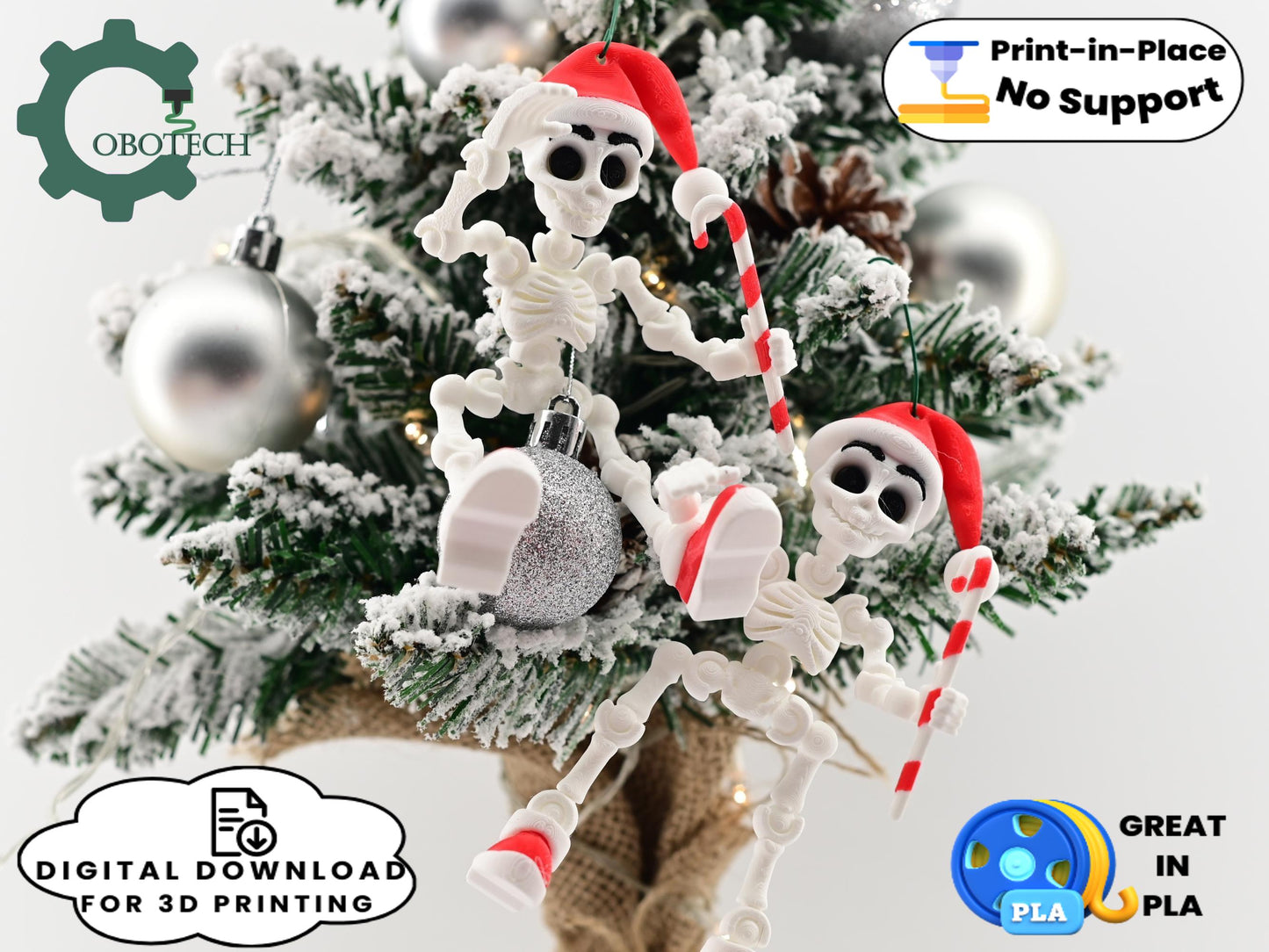 Digital Downloads Cobotech Posable Candy Cane Skeleton Santa Ornament - Unique Christmas Ornaments - Christmas Decor - Cute Skeleton Santa Ornaments